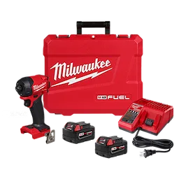 Milwaukee M18 FUEL 1/4" Hex Impact Driver set includes a cordless impact driver, two M18 batteries, charger, and red carrying case. The driver and case feature the Milwaukee logo in white, and the charger has a black power cord. All items are positioned on a plain background.