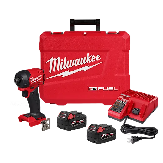 Milwaukee M18 FUEL 1/4" Hex Impact Driver set includes a cordless impact driver, two M18 batteries, charger, and red carrying case. The driver and case feature the Milwaukee logo in white, and the charger has a black power cord. All items are positioned on a plain background.