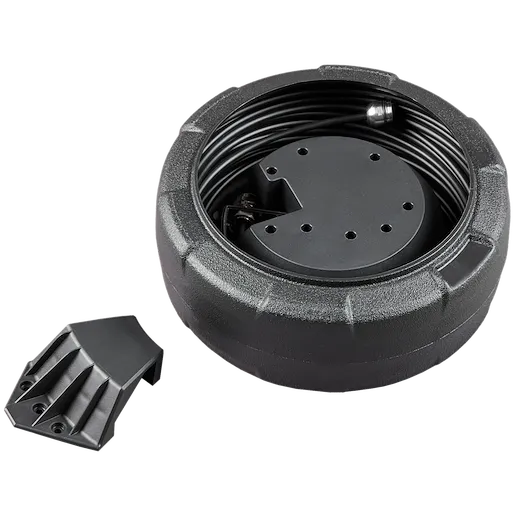 A Replacement Cable for M12™ 75' Drain Camera is shown. The coiled cable is housed in a black, round, ribbed case with a central hub. A separate component, likely a cover or attachment, is placed next to the case.