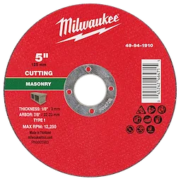 5" x 1/8" x 7/8" masonry cut-off wheel, Type 1, with text and symbols indicating specifications and usage instructions.