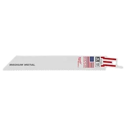 The 6" 18 TPI SAWZALL® Blade for Medium Metal Bulk is a silver metal cutting blade designed for medium-duty metal applications. It features the words "Medium Metal," an American flag symbol, and the manufacturer's branding. The blade has fine teeth along its cutting edge.