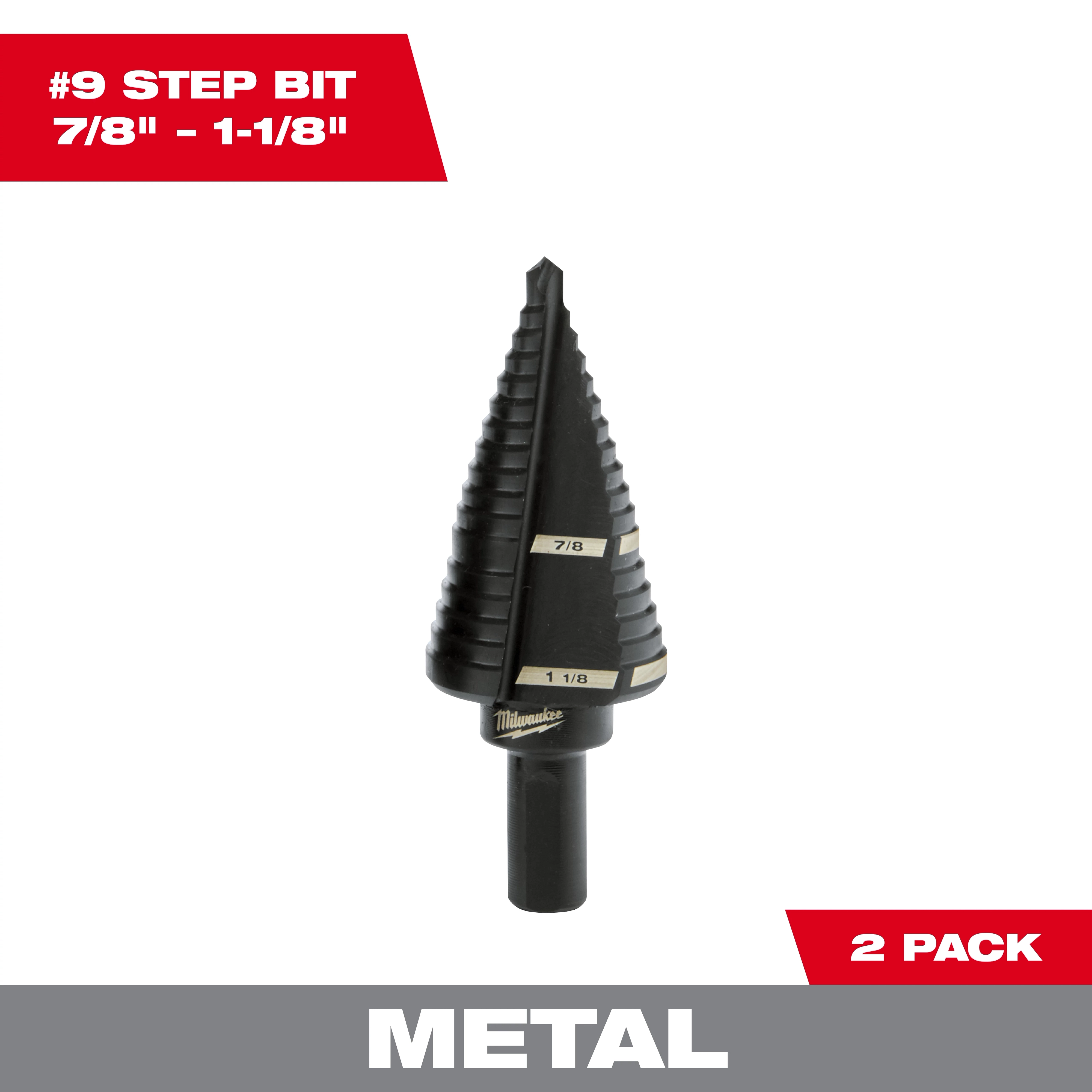 The product is the 48-89-9239 Black Oxide Step Bit (#9) designed for drilling metal. It ranges from 7/8 inch to 1-1/8 inches and comes in a 2-pack.