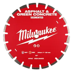 A red, circular 14" Asphalt & Green Concrete Segmented Diamond Blade with silver cutting segments by Milwaukee. The blade is designed for wet and dry cutting, has a 1"-20mm arbor, and is intended for use on asphalt and green concrete.