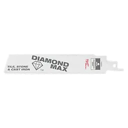 The 6" Diamond Max™ Diamond Grit SAWZALL® Blade is a white blade specialized for cutting tile, stone, and cast iron. It features the Diamond Max™ logo with a diamond graphic, and product specifications on the right side, including Milwaukee's logo.