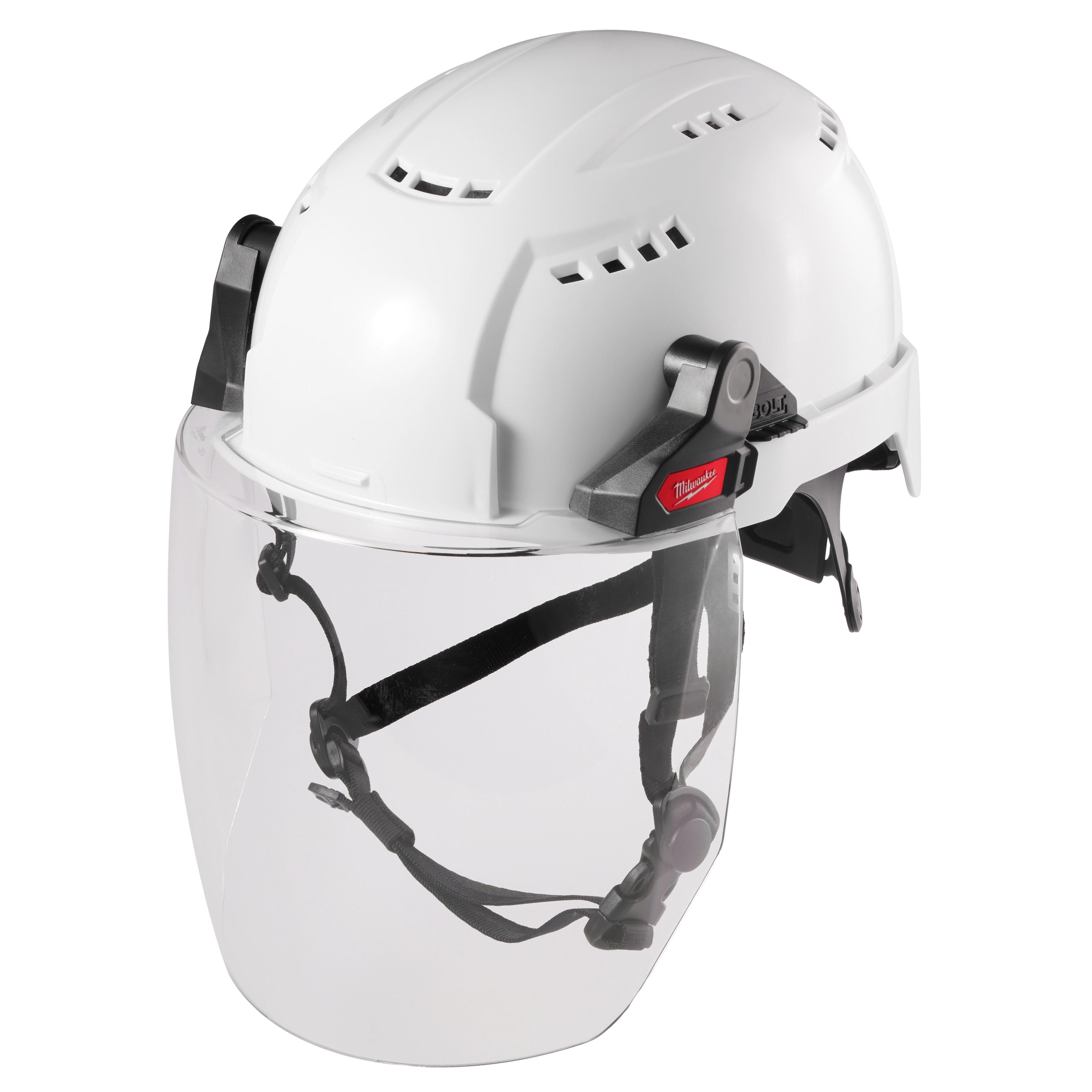 BOLT Full Face Shield CLear Dual Coat Lens attached to a Milwaukee Safety Helmet