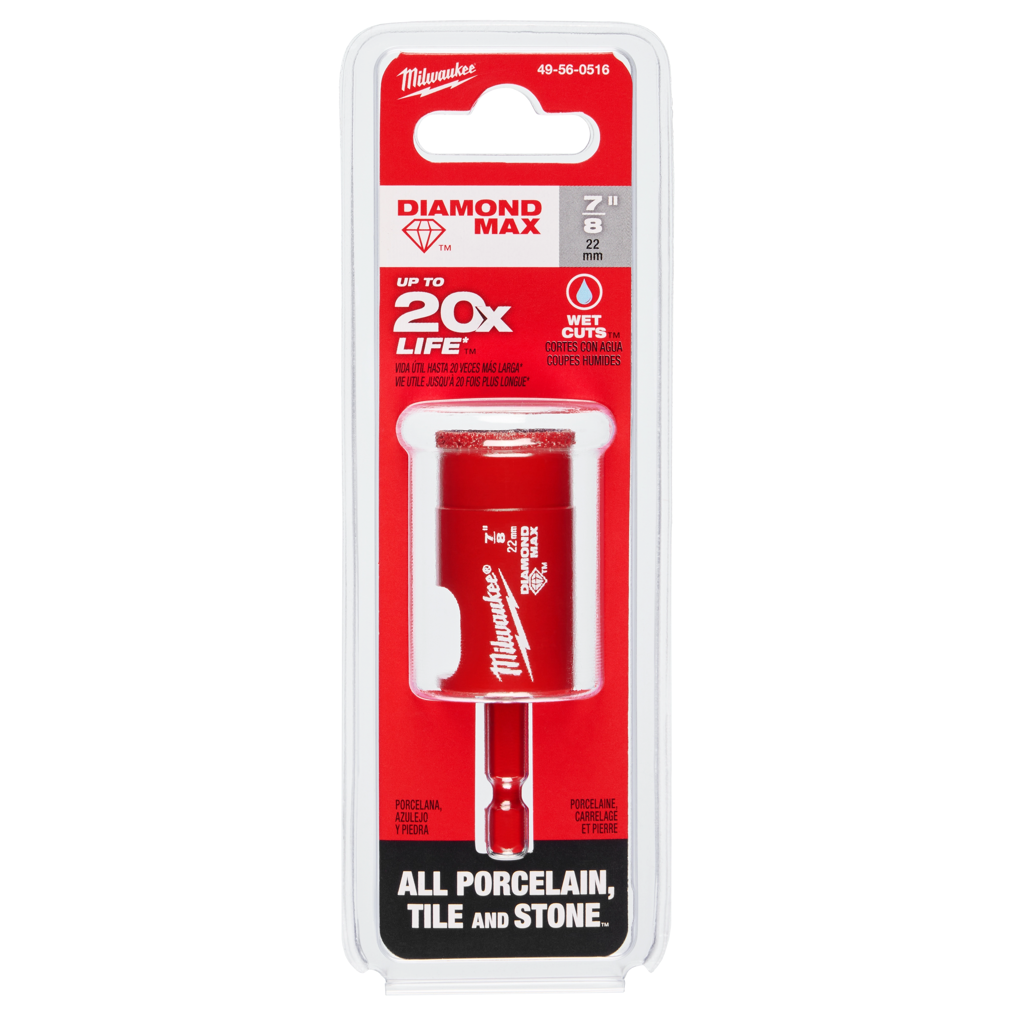 Milwaukee Diamond Max Hole Saw Bit, 7/8", in packaging. Advertises up to 20x life, suitable for porcelain, tile, and stone surfaces.