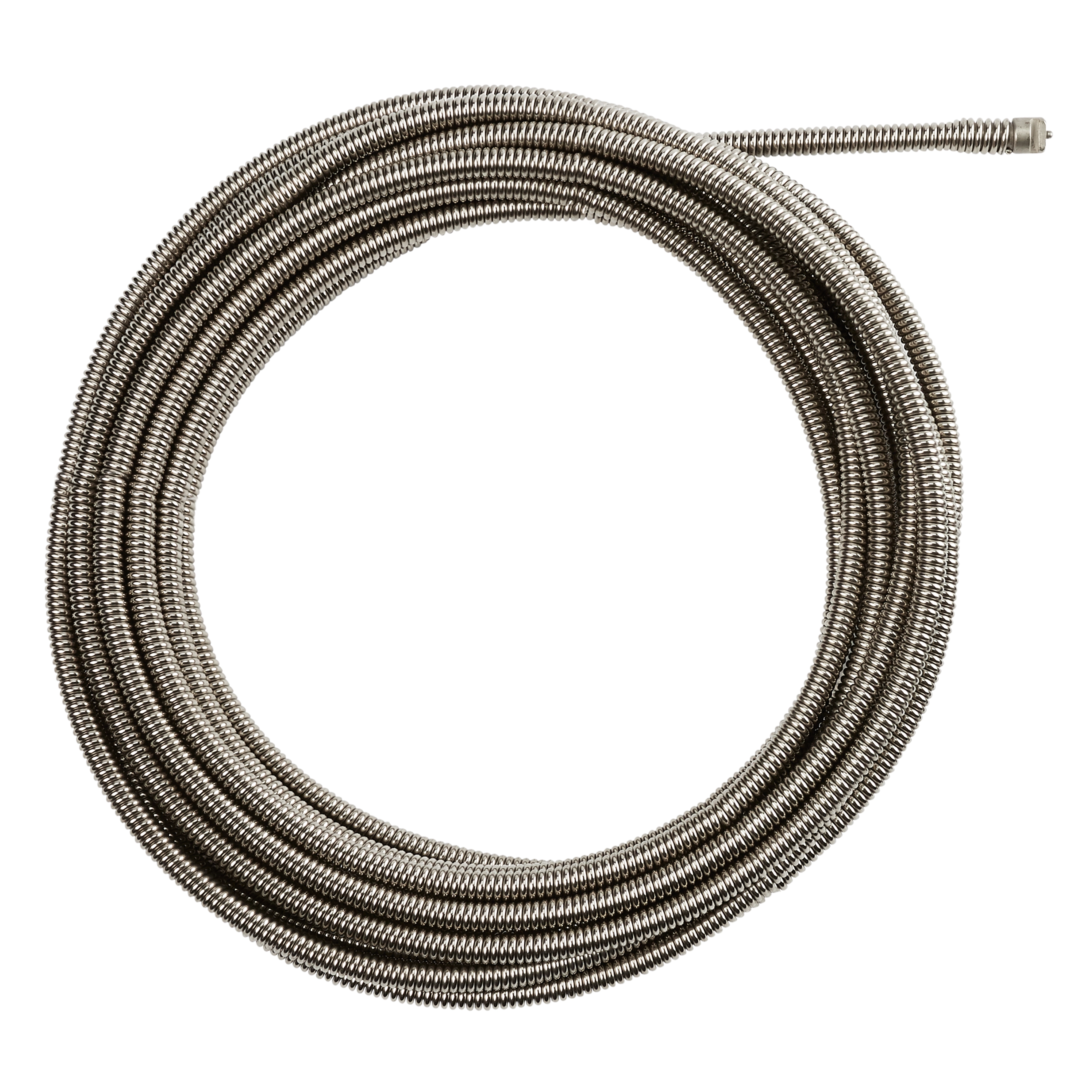 The 3/8" X 25' DRAIN CABLE is a coiled, metallic drain auger used for clearing blockages in pipes. It is designed with a flexible, spiral construction, approximately 25 feet long and 3/8 inch thick. The cable's end features a fitting for easy attachment to a drain cleaning machine.