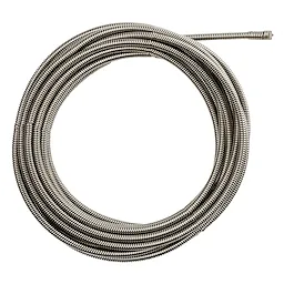 The 3/8" X 25' DRAIN CABLE is a coiled, metallic drain auger used for clearing blockages in pipes. It is designed with a flexible, spiral construction, approximately 25 feet long and 3/8 inch thick. The cable's end features a fitting for easy attachment to a drain cleaning machine.