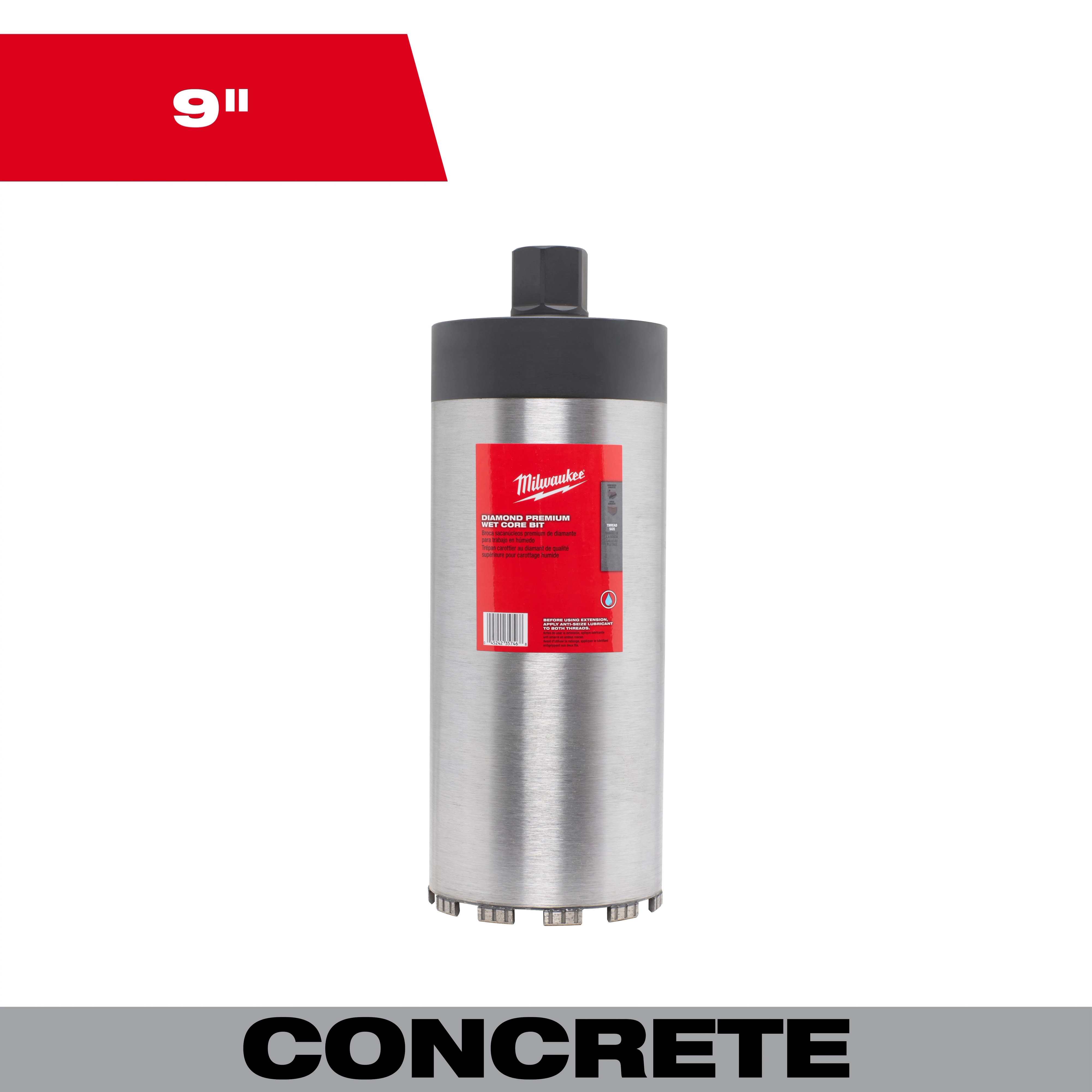 9" Diamond Premium Wet Core Bit with a silver cylindrical body and black top. Suitable for drilling concrete.