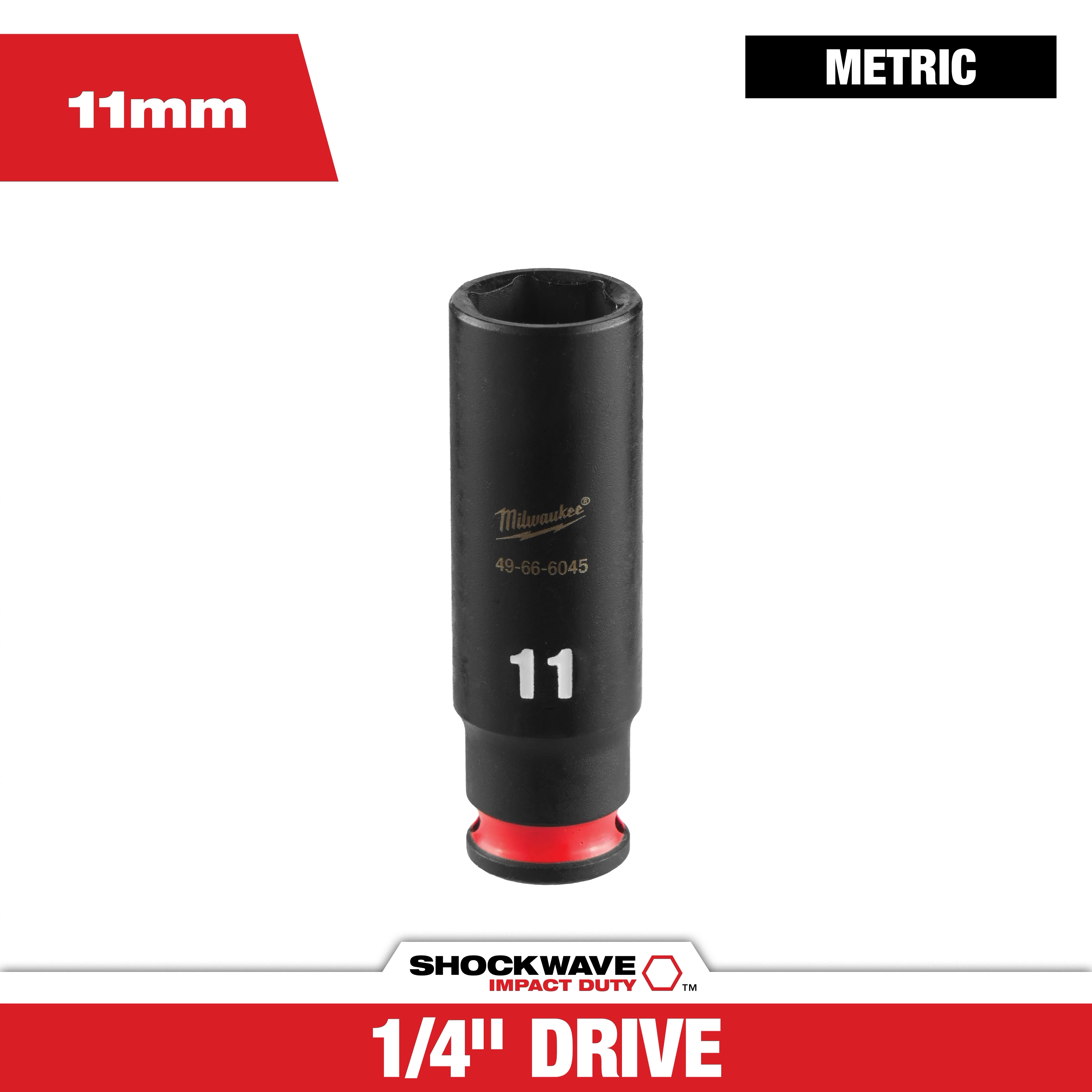 SHOCKWAVE Impact Duty 1/4" Drive 11MM Deep 6 Point Socket standing upright on a white background.
