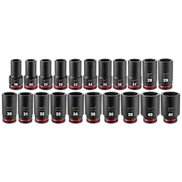 21PC SHOCKWAVE Impact Duty 3/4" Drive Metric Deep Socket Set with PACKOUT. Black sockets labeled with sizes 19-41 in two rows.