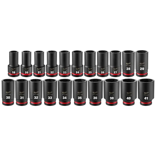 21PC SHOCKWAVE Impact Duty 3/4" Drive Metric Deep Socket Set with PACKOUT. Black sockets labeled with sizes 19-41 in two rows.