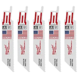 The image displays five 4-inch Milwaukee SAWZALL® blades with 10 TPI for thick metal cutting. Each blade features an American flag and text reading "Made in USA with global materials."