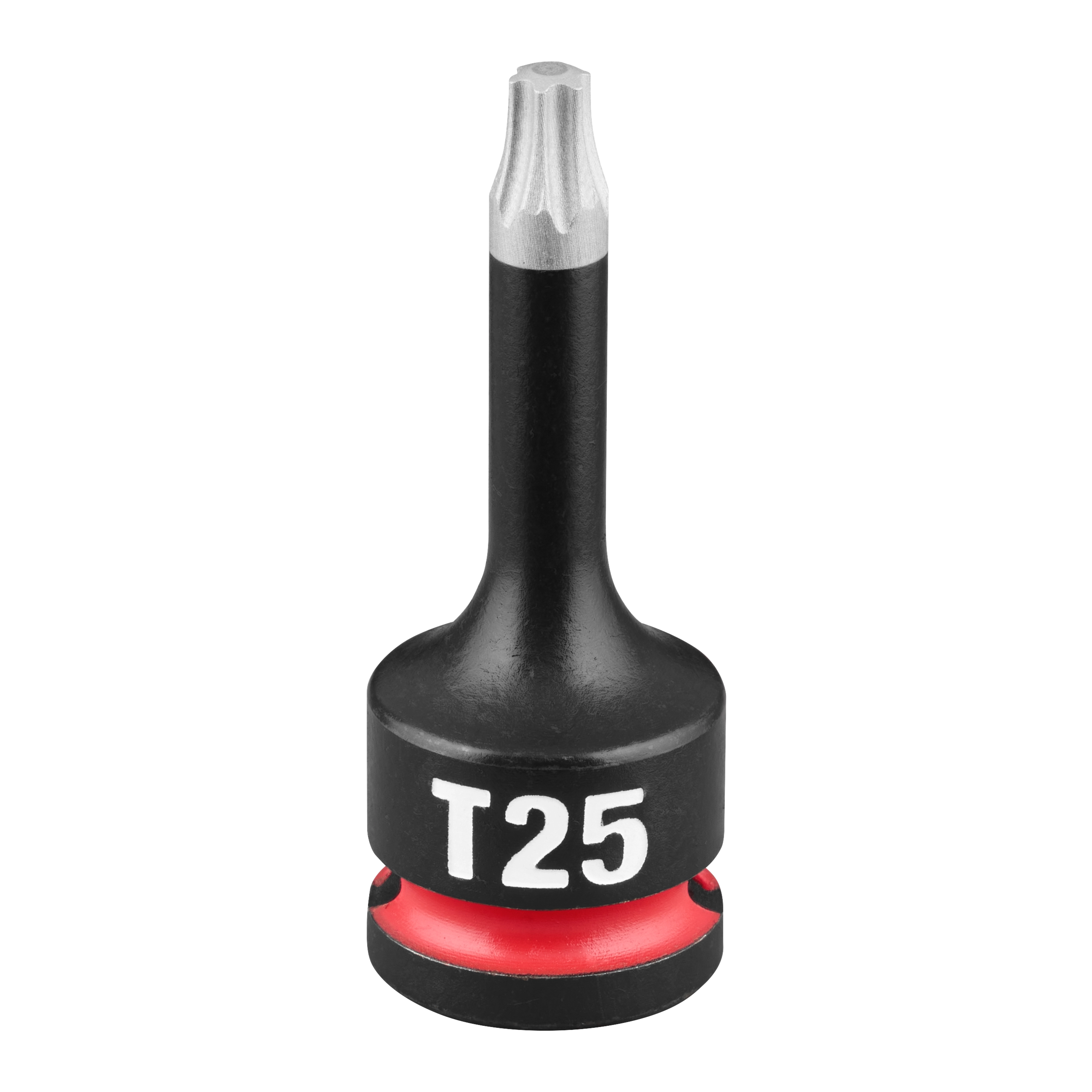 The SHOCKWAVE Impact Duty 3/8" Drive 2" Torx T25 Bit Socket is a black tool with a red ring, featuring a T25 marking on its body.