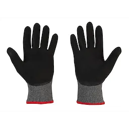 Cut Level 5 Winter Dipped Gloves - XL, featuring black palms and fingers, gray knit wrists with red cuffs, displayed with palms up.