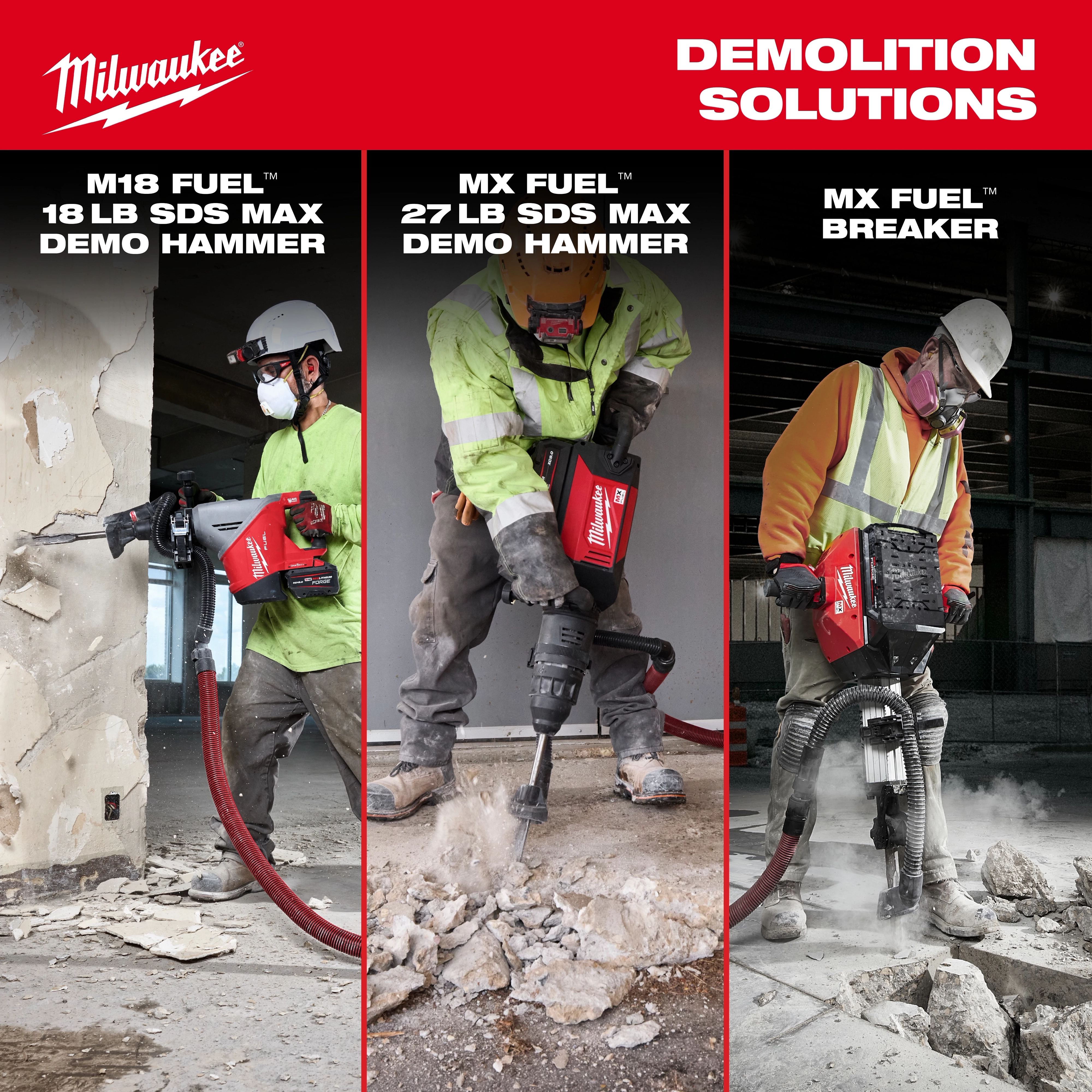 Workers using M18 FUEL 18 lb SDS MAX Demolition Hammer Kit w/ ONE-KEY, MX FUEL 27 lb SDS MAX Demolition Hammer, and MX FUEL 27 lb SDS MAX Demolition Hammer Kit on concrete.