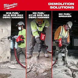 Workers using M18 FUEL 18 lb SDS MAX Demolition Hammer Kit w/ ONE-KEY, MX FUEL 27 lb SDS MAX Demolition Hammer, and MX FUEL 27 lb SDS MAX Demolition Hammer Kit on concrete.