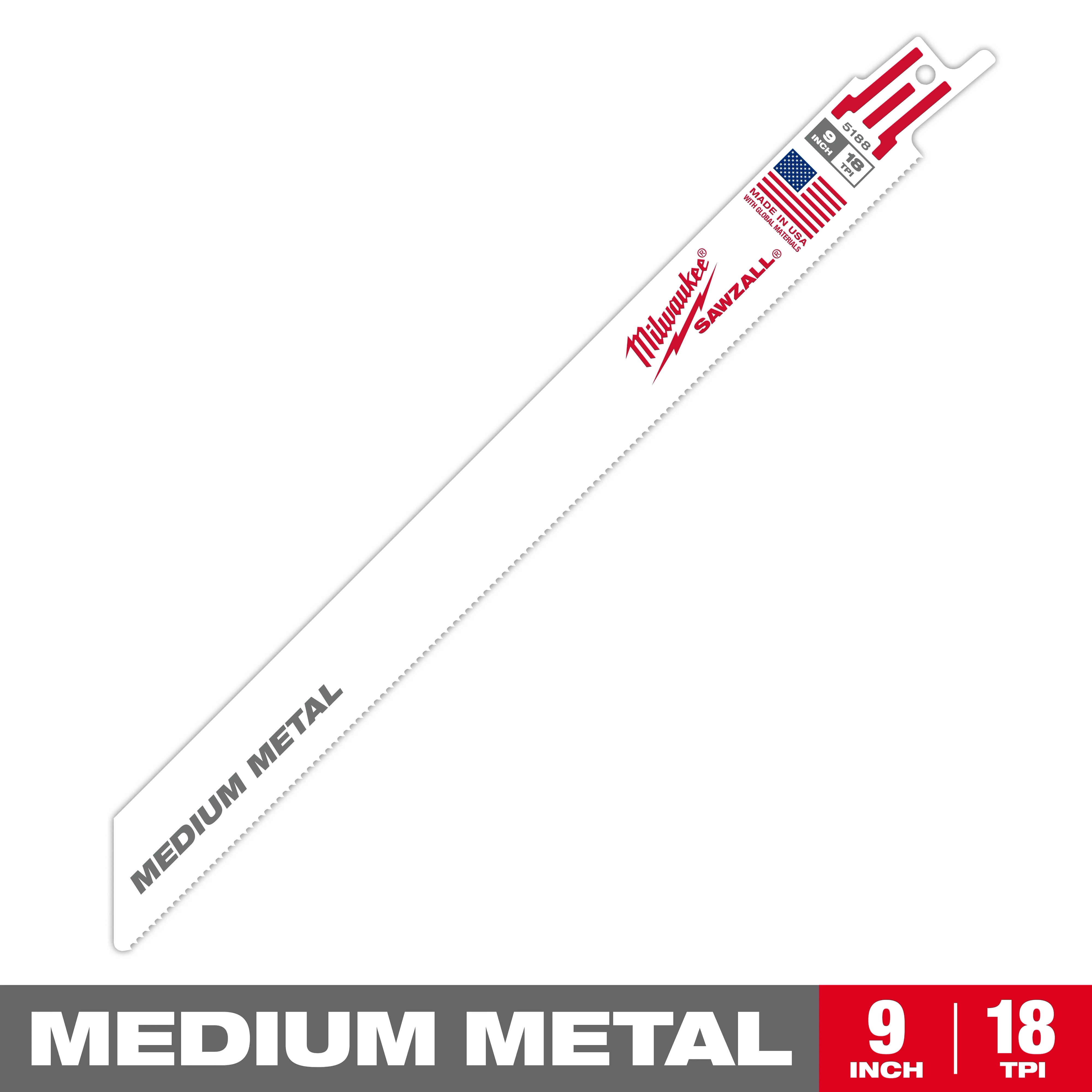 The Milwaukee Sawzall blade is designed for medium metal cutting. It measures 9 inches in length with 18 teeth per inch, featuring a white background with red lettering, and includes an American flag graphic.