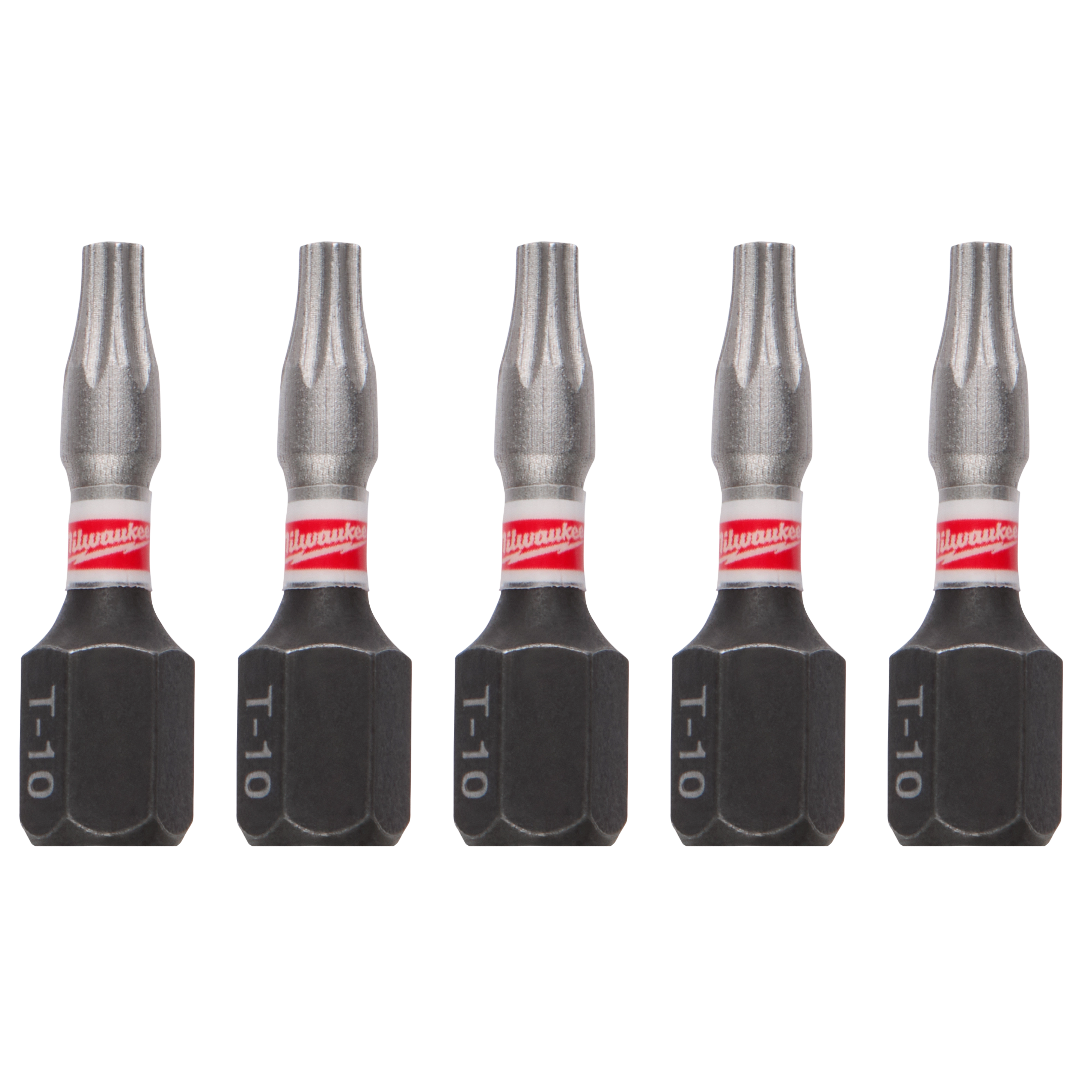 The image shows five identical T-10 screwdriver bits arranged vertically in a row. Each bit has a metallic tip, a black grip section, and is labeled with "T-10" and "Milwaukee" in red.