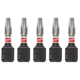 The image shows five identical T-10 screwdriver bits arranged vertically in a row. Each bit has a metallic tip, a black grip section, and is labeled with "T-10" and "Milwaukee" in red.