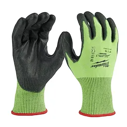 High Visibility Cut Level 5 Polyurethane Dipped Glove - S features a neon green and black design with red trim around the wrists.