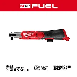 The M12 FUEL™ 3/8" Ratchet features a red and black handle with Milwaukee branding. It is designed for power and speed, boasting a compact head and body for maneuverability and unmatched comfort during use. It is positioned below the M12 FUEL logo and bold text highlights its key features.