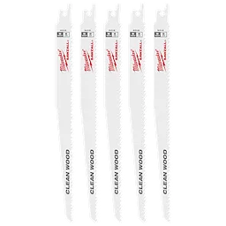 Five 9" 6 TPI Fleam Ground SAWZALL® Blades for Clean Wood are arranged vertically. Each blade is white with black "Clean Wood" text and red brand logo. These blades are designed for cutting clean wood, and come in a pack of five.