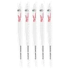 Five 9" 6 TPI Fleam Ground SAWZALL® Blades for Clean Wood are arranged vertically. Each blade is white with black "Clean Wood" text and red brand logo. These blades are designed for cutting clean wood, and come in a pack of five.