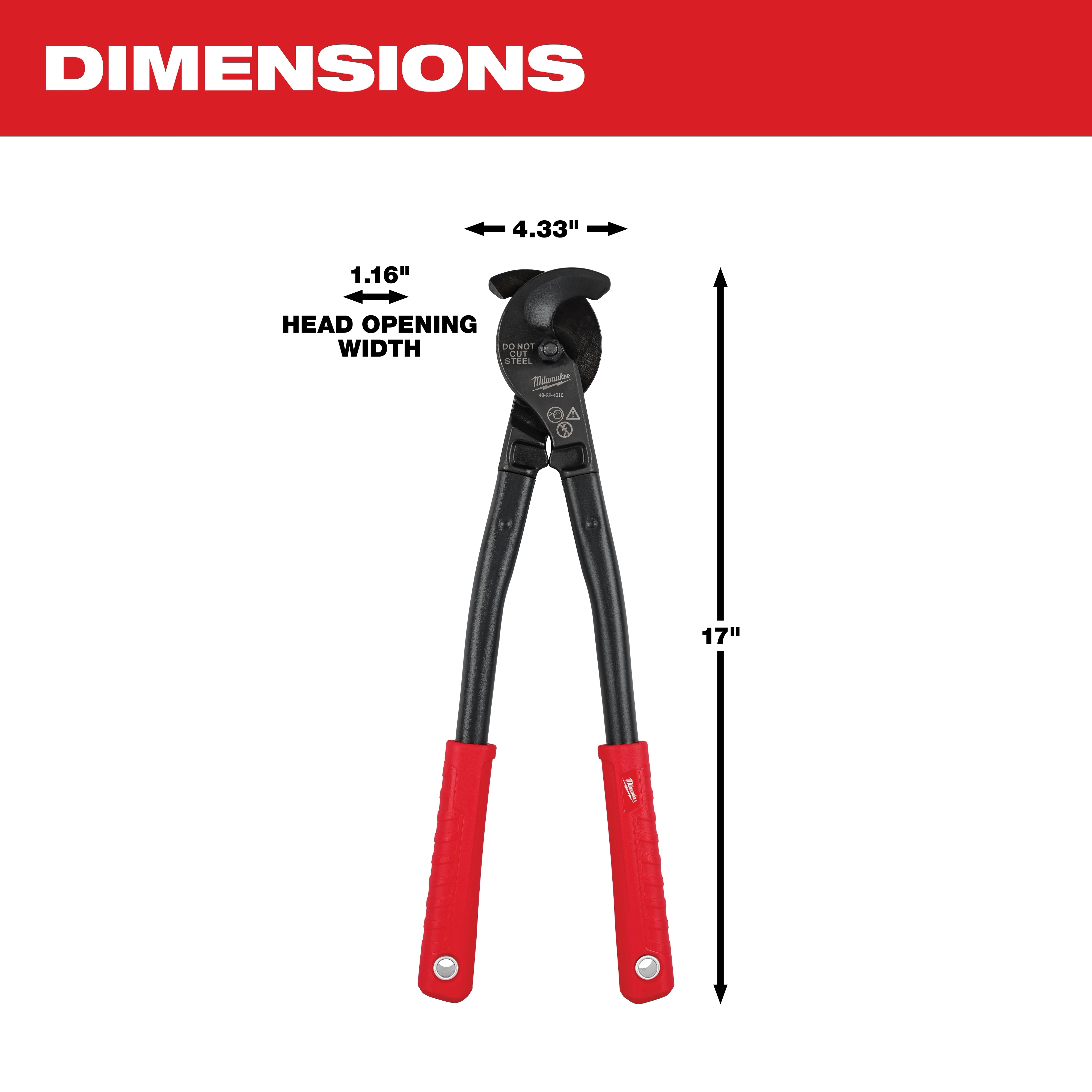 Red-handled 17" Utility Cable Cutter with a 1.16" head opening width and 4.33" head width, designed to cut cables.