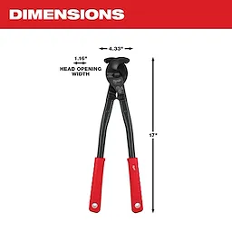 Red-handled 17" Utility Cable Cutter with a 1.16" head opening width and 4.33" head width, designed to cut cables.
