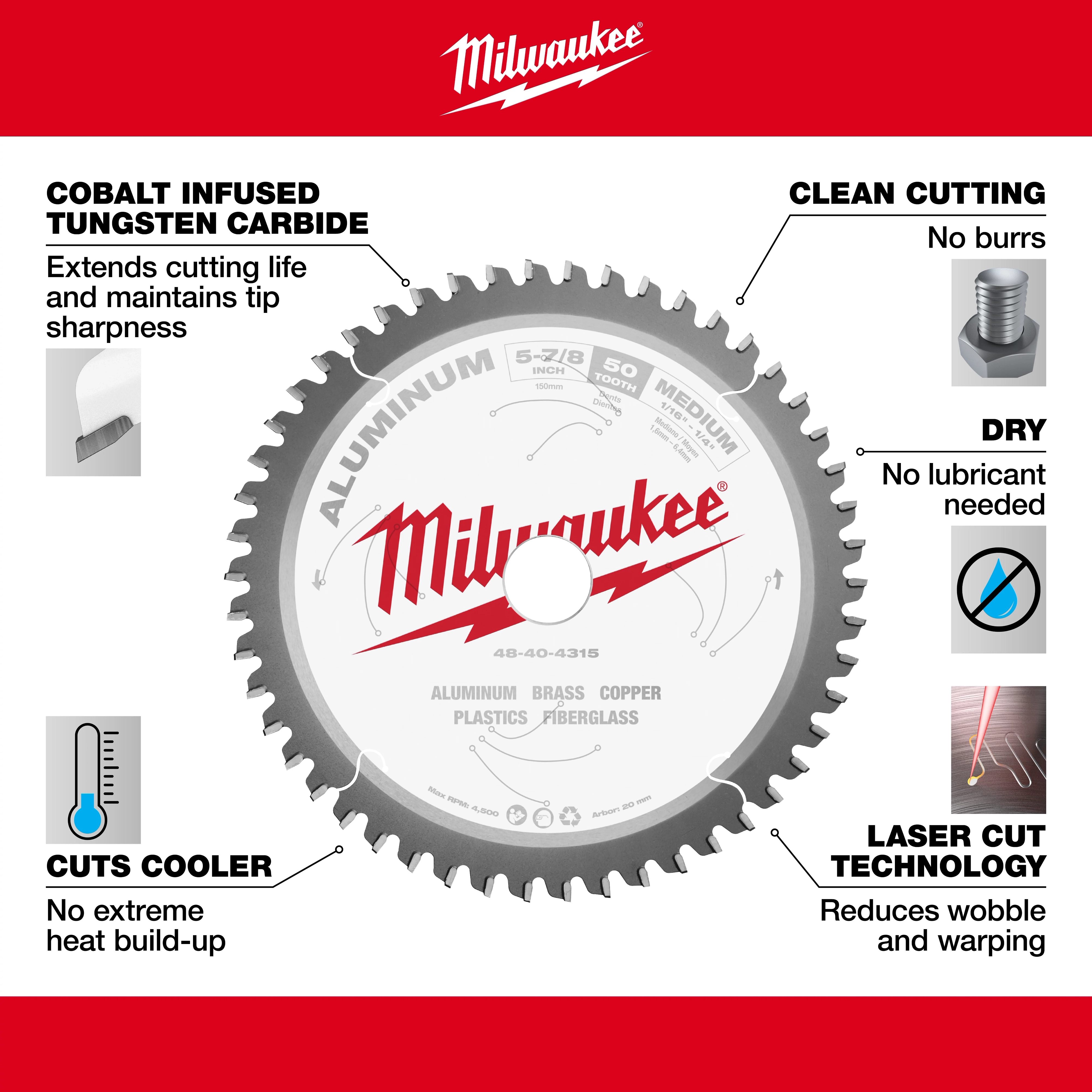 Milwaukee 48-40-4315 Walkaround saw blade with tungsten carbide tips, laser cut technology, cool cutting, clean cuts, and dry functionality.