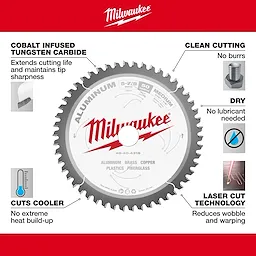 Milwaukee 48-40-4315 Walkaround saw blade with tungsten carbide tips, laser cut technology, cool cutting, clean cuts, and dry functionality.