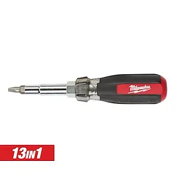 Milwaukee 13-in-1 Screwdriver with a black and red handle and multiple interchangeable heads. The logo "Milwaukee" is visible on the handle, and a label indicating "13 in 1" is placed in the bottom left corner.