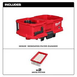 NEXUS™ Dedicated Filter Cleaner includes a red, rectangular, plastic unit with side handles and two HEPA filters shown separately. The filters are white with red borders.