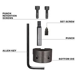 The image shows the M18 FUEL™ 10Ga Nibbler Punch & Die Set with labeled parts: punch retention screws, top die, punch, bottom die, and die retention screws.