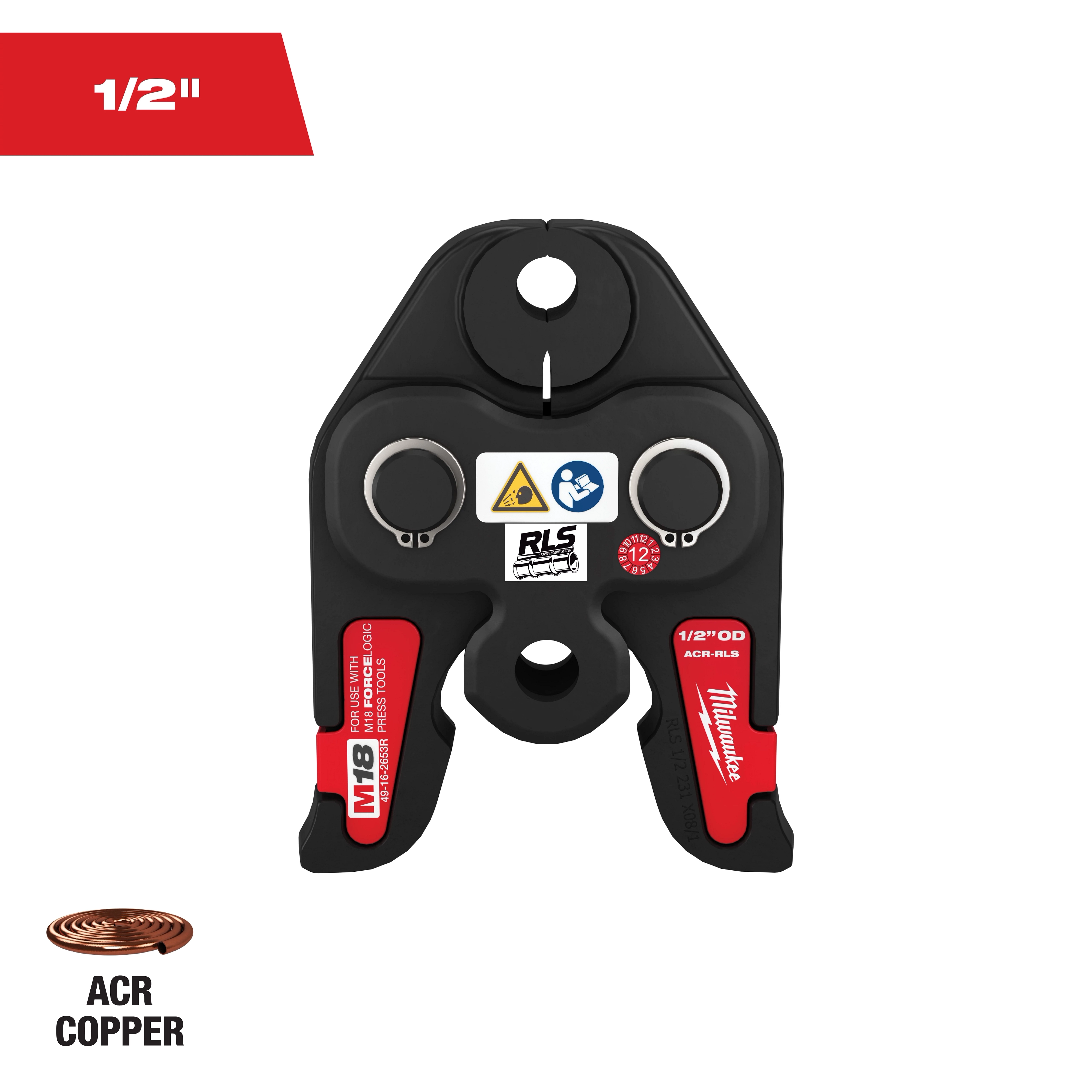 The image shows a Milwaukee 1/2 inch tool for F1807 RLS connection, suitable for 1/2 inch OD ACR copper pipes. It has red and black labels, including caution symbols. The copper pipe icon and "ACR COPPER" text are featured in the bottom left corner.