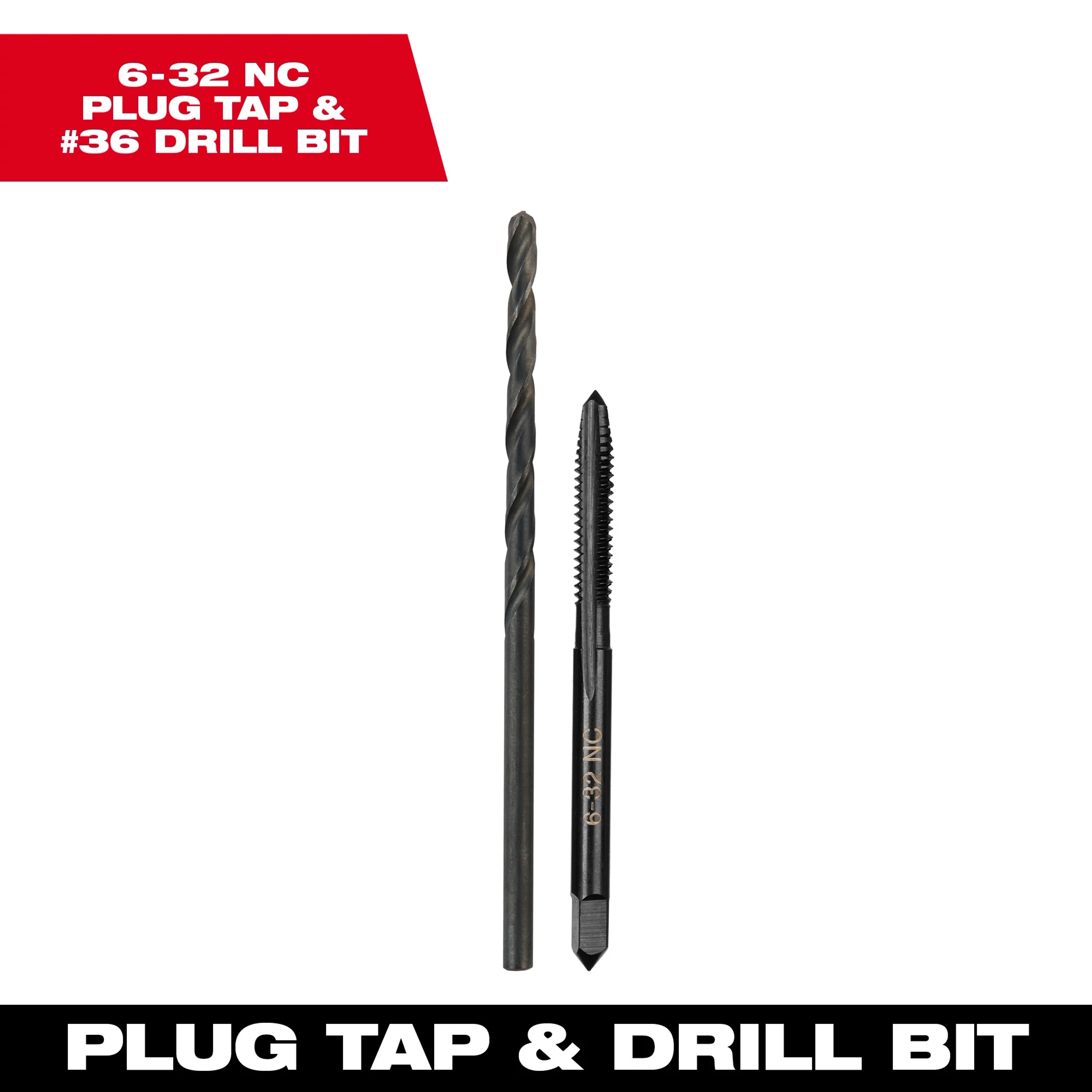 6-32 NC Straight Flute Plug Tap and #36 Drill Bit set, featuring a black drill bit and a tap tool against a white background.