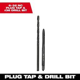 6-32 NC Straight Flute Plug Tap and #36 Drill Bit set, featuring a black drill bit and a tap tool against a white background.