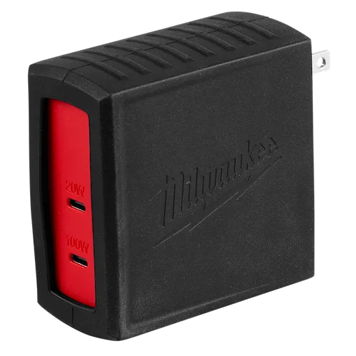 The 120W USB-C Wall Adapter is a black and red charger featuring two USB-C ports, one labeled 20W and the other 100W.