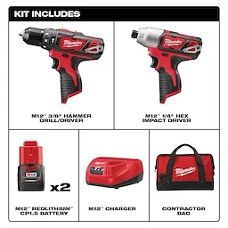 M12 Cordless 2-Tool Combo Kit includes M12 3/8" hammer drill/driver, M12 1/4" hex impact driver, two M12 batteries, charger, and contractor bag.