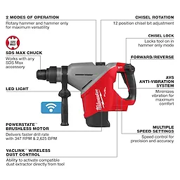 Red and black M18 FUEL 1-3/4" SDS MAX Rotary Hammer w/ ONE-KEY featuring brushless motor, SDS Max chuck, anti-vibration, and multiple speed settings.