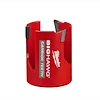 Red 2-1/8" BIG HAWG with Carbide Teeth hole saw, branded with Milwaukee on the side and featuring three carbide teeth.