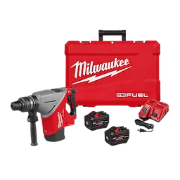 Milwaukee M18 FUEL™ 1-3/4" SDS MAX Rotary Hammer w/ONE-KEY includes a red and gray rotary hammer, two battery packs, a charger, and a sturdy red carrying case with the Milwaukee logo. The hammer has a handle for ease of use, designed for heavy-duty drilling and demolition tasks.