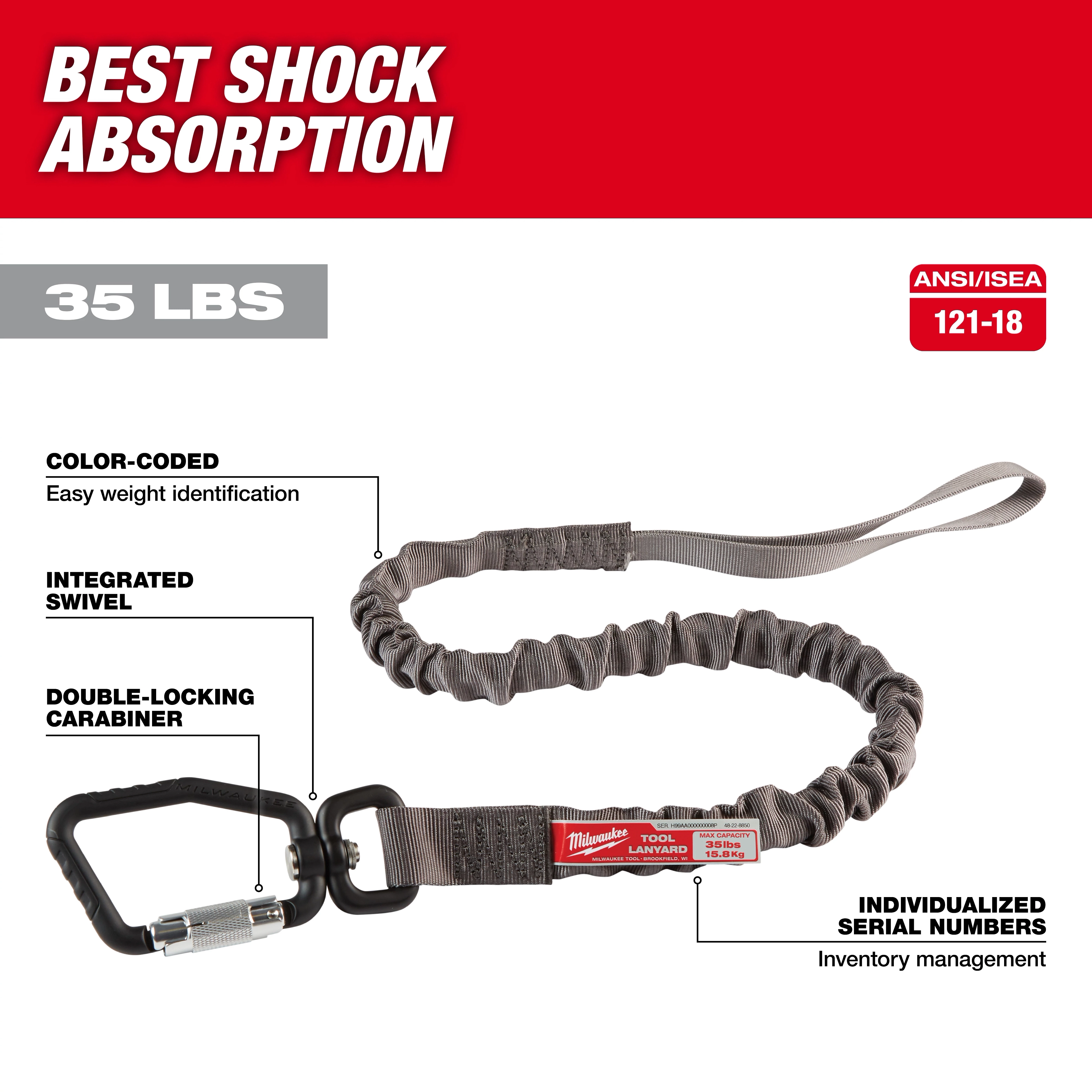 35 lb. Locking Tool Lanyard with color-coded weight identification, integrated swivel, double-locking carabiner, and individualized serial numbers.
