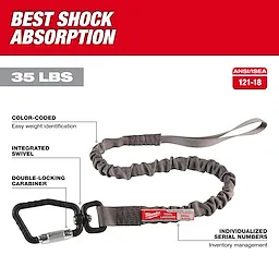 35 lb. Locking Tool Lanyard with color-coded weight identification, integrated swivel, double-locking carabiner, and individualized serial numbers.