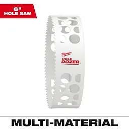 Milwaukee 6-inch Hole Dozer Bi-Metal Hole Saw with a white body and open hole pattern. Labeled "Multi-Material" in bold at the bottom.