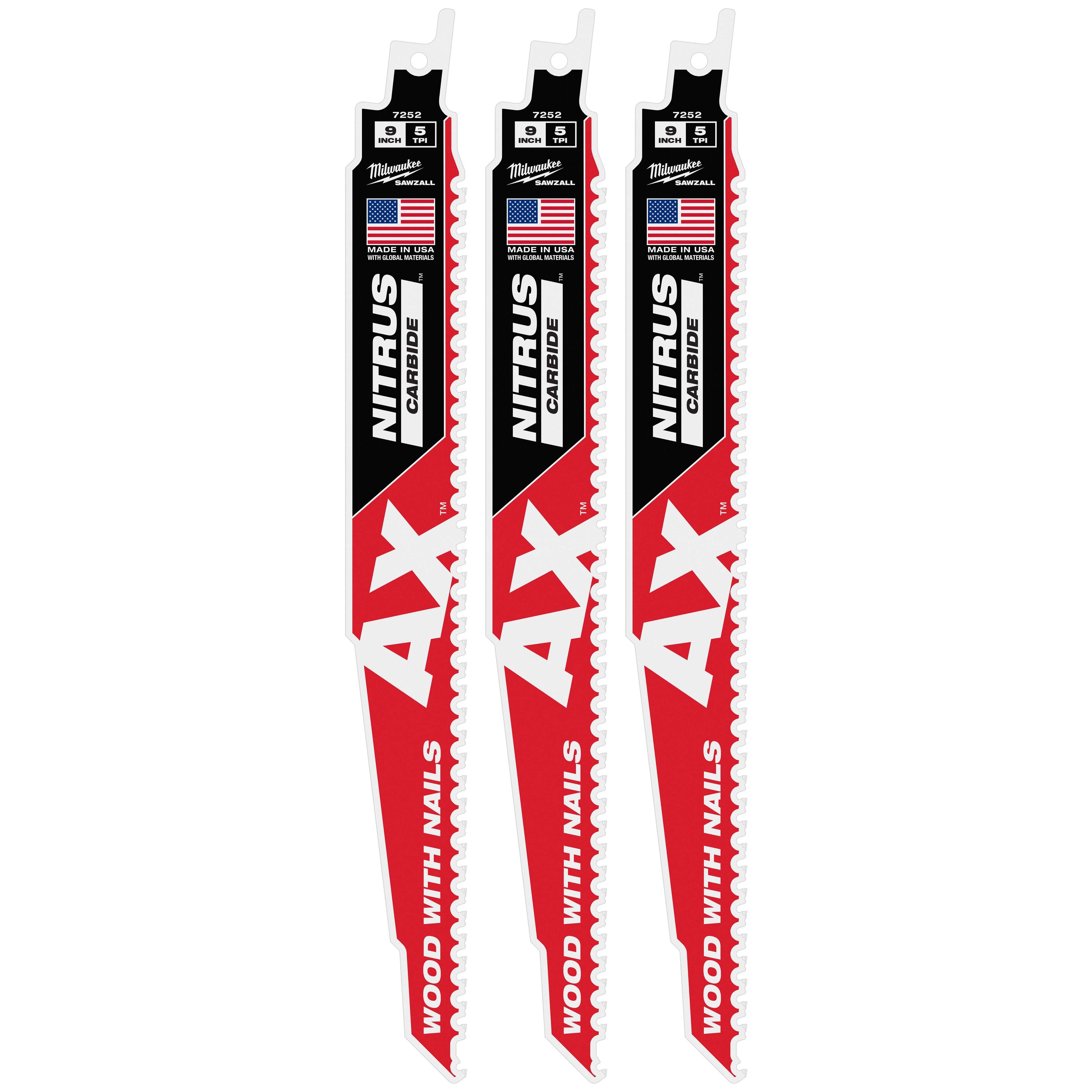 The image features a 3-pack of 9” 5 TPI AX™ with NITRUS™ Carbide Teeth SAWZALL® Blades for Wood with Nails. The blades are red and white with black accents, and they include the branding and specifications.