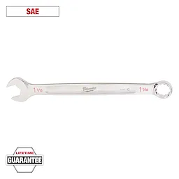 The image shows a Milwaukee 1 1/16 inch SAE combination wrench with an open-end and a box-end. The tool has a lifetime guarantee logo and its size marked in red, ensuring durability and clear identification.