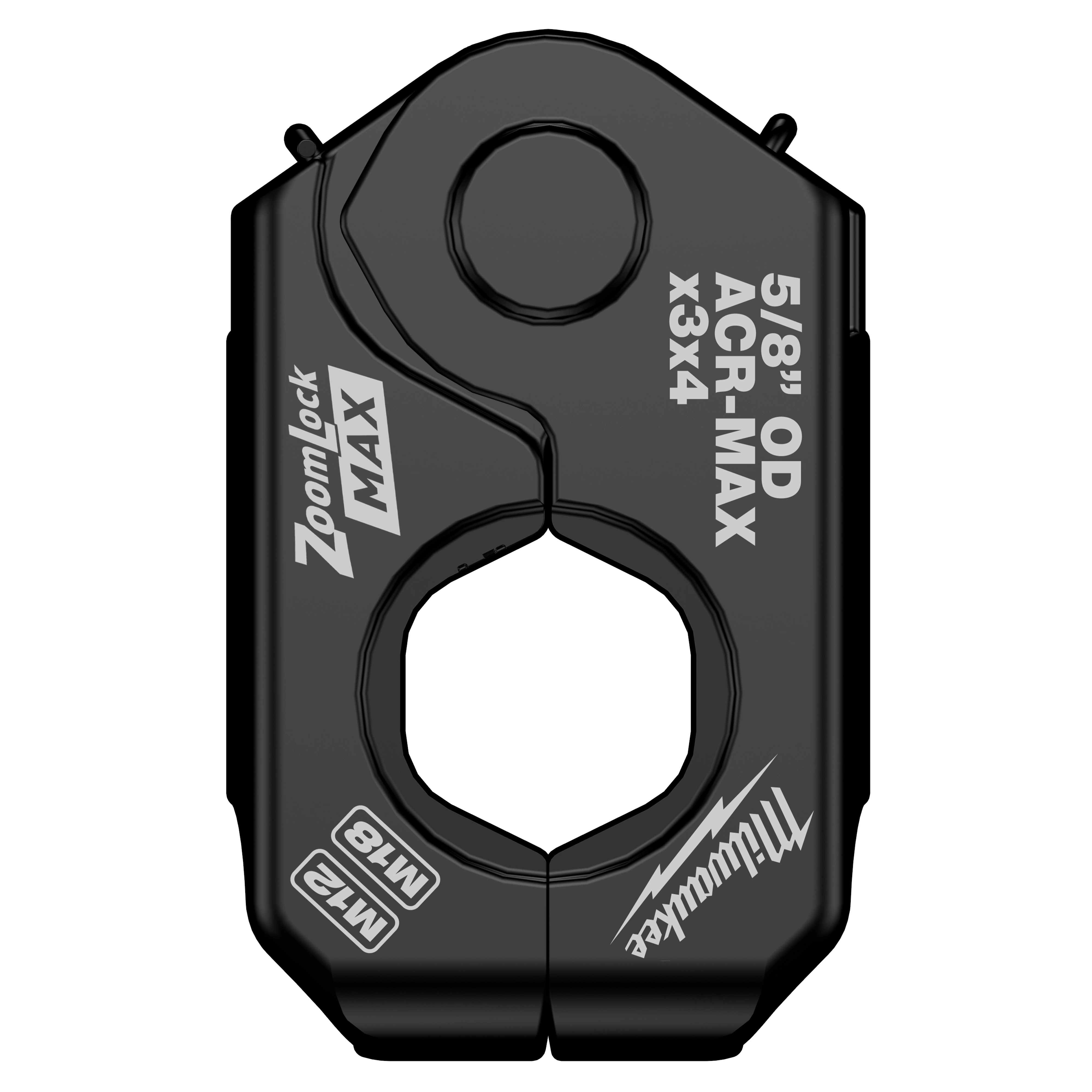 The 5/8" ZoomLock MAX® & >B< MaxiPro® Pivoting Press Ring is a black, pivoting press ring used for ACR applications. It features the ZoomLock MAX logo and specifications printed in white, including "5/8" OD ACR-MAX x3x4" and "M12".