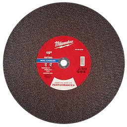 Milwaukee 16" x 1/8" x 20mm Performance+ Metal Cut Off Wheel - Type 1, designed for cutting metal and stainless steel.